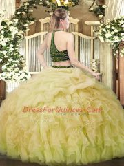 Fashion Sleeveless Floor Length Beading and Ruffles Zipper 15th Birthday Dress with Rose Pink