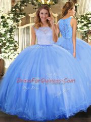 Ball Gowns 15 Quinceanera Dress Baby Blue Scoop Tulle Sleeveless Floor Length Clasp Handle