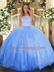 Ball Gowns 15 Quinceanera Dress Baby Blue Scoop Tulle Sleeveless Floor Length Clasp Handle