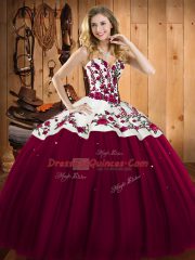 Custom Designed Burgundy Sweetheart Neckline Embroidery Sweet 16 Dress Sleeveless Lace Up