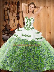 Strapless Sleeveless 15th Birthday Dress With Train Sweep Train Embroidery Multi-color Satin and Fabric With Rolling Flowers