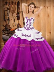 Ball Gowns 15th Birthday Dress Fuchsia Strapless Satin and Organza Sleeveless Floor Length Lace Up