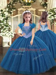 Glorious Blue Lace Up Straps Beading Little Girls Pageant Gowns Tulle Sleeveless