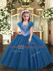 Glorious Blue Lace Up Straps Beading Little Girls Pageant Gowns Tulle Sleeveless