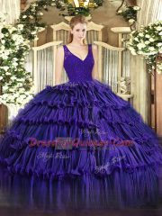 Purple Ball Gowns Organza V-neck Sleeveless Beading and Lace and Ruffled Layers Floor Length Backless Quinceanera Gown