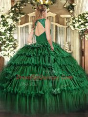 Purple Ball Gowns Organza V-neck Sleeveless Beading and Lace and Ruffled Layers Floor Length Backless Quinceanera Gown