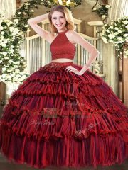 Ball Gowns Quinceanera Dress Wine Red Halter Top Organza Sleeveless Floor Length Backless