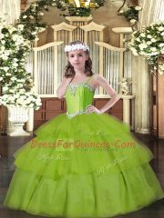 Eye-catching Floor Length Olive Green Pageant Gowns For Girls Straps Sleeveless Lace Up