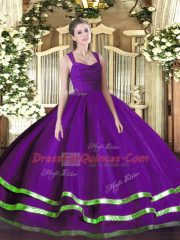 Clearance Purple Sleeveless Beading and Ruffled Layers Floor Length Ball Gown Prom Dress