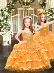 Fantastic Ball Gowns Little Girls Pageant Dress Orange Spaghetti Straps Organza Sleeveless Floor Length Lace Up
