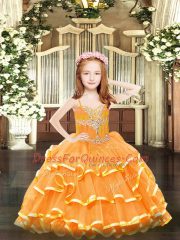 Fantastic Ball Gowns Little Girls Pageant Dress Orange Spaghetti Straps Organza Sleeveless Floor Length Lace Up