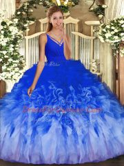 Multi-color Tulle Backless V-neck Sleeveless Floor Length Quinceanera Gown Beading and Ruffles