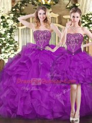 Purple Lace Up Sweetheart Beading and Ruffles Quinceanera Dresses Organza Sleeveless