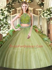 Pretty High-neck Sleeveless Zipper Quince Ball Gowns Olive Green Tulle