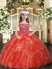 Coral Red Straps Lace Up Beading and Ruffles Little Girls Pageant Dress Sleeveless