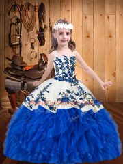 Sleeveless Lace Up Floor Length Embroidery and Ruffles Kids Formal Wear