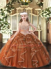 Brown Lace Up Straps Beading and Ruffles Pageant Dress Womens Tulle Sleeveless
