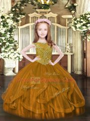 Unique Floor Length Brown Kids Pageant Dress Tulle Sleeveless Beading and Ruffles