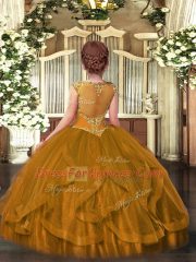Unique Floor Length Brown Kids Pageant Dress Tulle Sleeveless Beading and Ruffles