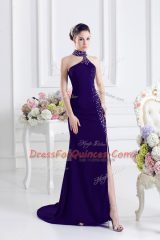 Ideal Purple Halter Top Neckline Beading Prom Party Dress Sleeveless Lace Up
