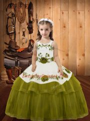 Hot Sale Sleeveless Lace Up Floor Length Embroidery and Ruffled Layers Kids Pageant Dress