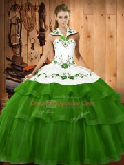 Artistic Halter Top Sleeveless Sweep Train Lace Up 15th Birthday Dress Green Organza