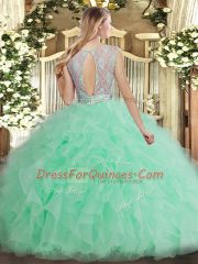 Sleeveless Tulle Floor Length Backless Quinceanera Dresses in Peach with Beading and Ruffles