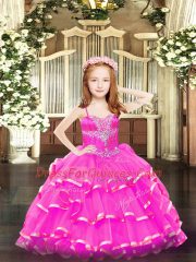 Hot Pink Organza Lace Up Kids Pageant Dress Sleeveless Floor Length Beading and Ruffled Layers