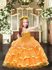 Hot Pink Organza Lace Up Kids Pageant Dress Sleeveless Floor Length Beading and Ruffled Layers