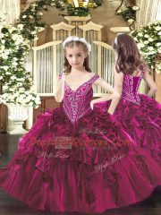 Fuchsia Organza Lace Up Sweet 16 Dresses Sleeveless Floor Length Beading and Ruffles