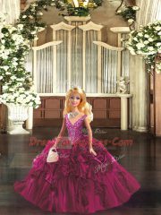 Fuchsia Organza Lace Up Sweet 16 Dresses Sleeveless Floor Length Beading and Ruffles