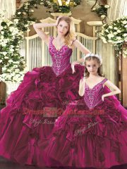 Fuchsia Organza Lace Up Sweet 16 Dresses Sleeveless Floor Length Beading and Ruffles