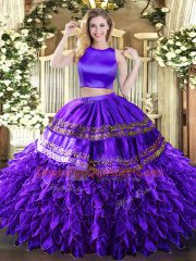 Flare Sleeveless Floor Length Ruffles and Sequins Criss Cross Quinceanera Gowns with Purple