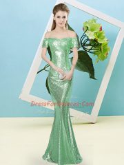 Dazzling Off The Shoulder Short Sleeves Homecoming Dress Floor Length Sequins Turquoise Sequined