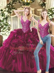 Sophisticated Fuchsia Sleeveless Organza Lace Up Quince Ball Gowns for Military Ball and Sweet 16 and Quinceanera