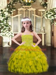 Olive Green Organza Lace Up Child Pageant Dress Sleeveless Floor Length Beading and Ruffles