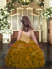 Olive Green Organza Lace Up Child Pageant Dress Sleeveless Floor Length Beading and Ruffles