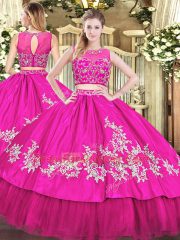 Sleeveless Tulle Floor Length Zipper 15 Quinceanera Dress in Hot Pink with Beading and Appliques