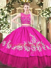 Sleeveless Tulle Floor Length Zipper 15 Quinceanera Dress in Hot Pink with Beading and Appliques