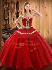 Amazing Floor Length Lace Up Vestidos de Quinceanera Red for Military Ball and Sweet 16 and Quinceanera with Ruffles
