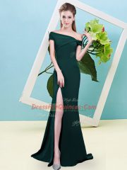 Off The Shoulder Sleeveless Zipper Vestidos de Damas Dark Green Elastic Woven Satin