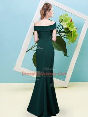 Off The Shoulder Sleeveless Zipper Vestidos de Damas Dark Green Elastic Woven Satin