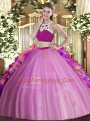 Lilac Backless High-neck Beading and Ruffles 15th Birthday Dress Tulle Sleeveless