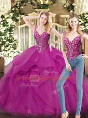Sexy Ball Gowns Sweet 16 Quinceanera Dress Fuchsia V-neck Organza Sleeveless Floor Length Lace Up