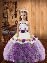 Pretty Multi-color Sleeveless Floor Length Embroidery and Ruffles Lace Up Little Girls Pageant Gowns