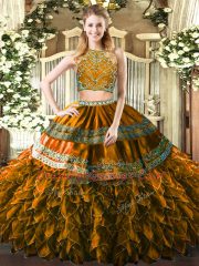 Fitting Brown Zipper High-neck Beading and Ruffles Sweet 16 Dress Tulle Sleeveless