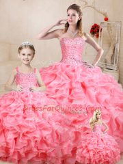 Beauteous Watermelon Red Sleeveless Organza Lace Up Quinceanera Gown for Sweet 16 and Quinceanera