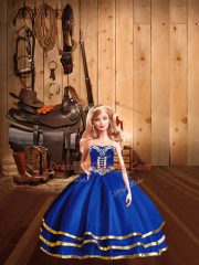 Top Selling Blue Ball Gowns Embroidery Quince Ball Gowns Lace Up Tulle Sleeveless Floor Length