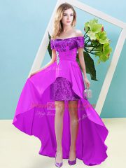 Short Sleeves High Low Beading Lace Up Prom Dresses with Fuchsia