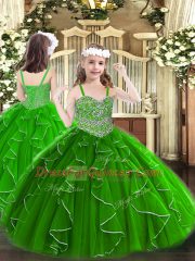 Green Pageant Gowns For Girls Party and Quinceanera with Beading and Ruffles Straps Sleeveless Lace Up